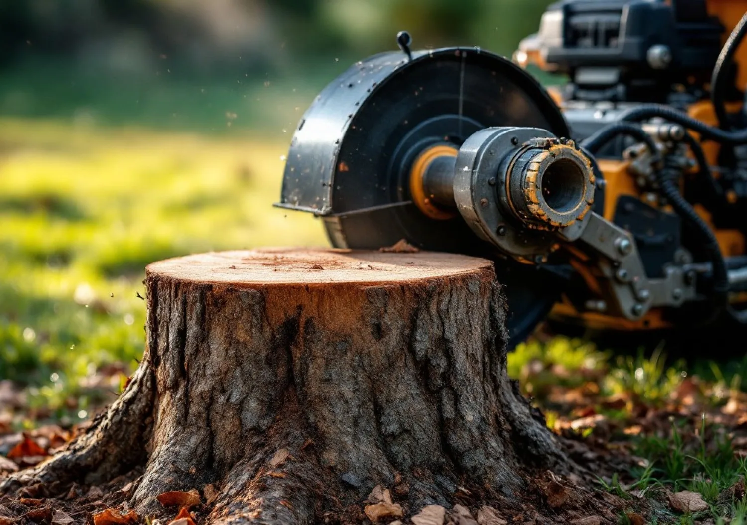 Close-up of professional tree stump removal using a stump grinder machine to clear a large tree stump in a garden.