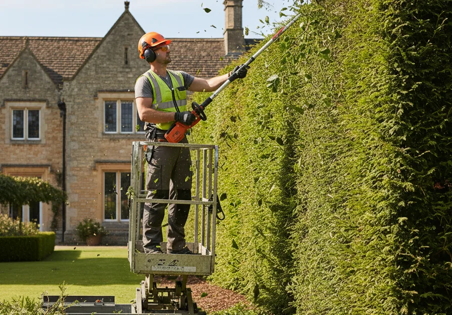 Professional tree surgeon performing conifer hedge trimming with a pole saw from a mobile platform in a landscaped garden in the UK.
