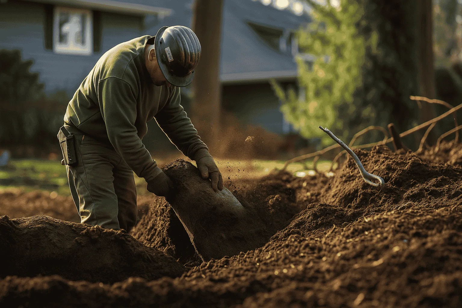 Professional landscaper performing tree roots removal in Essex, carefully extracting large roots from the soil to prevent property damage and improve garden safety.
