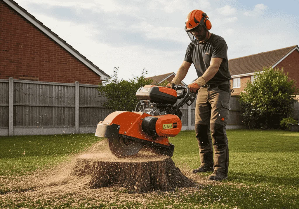 A professional worker using a stump grinder to remove a large tree stump in a residential garden, illustrating the process and factors that influence the cost of stump grinding.