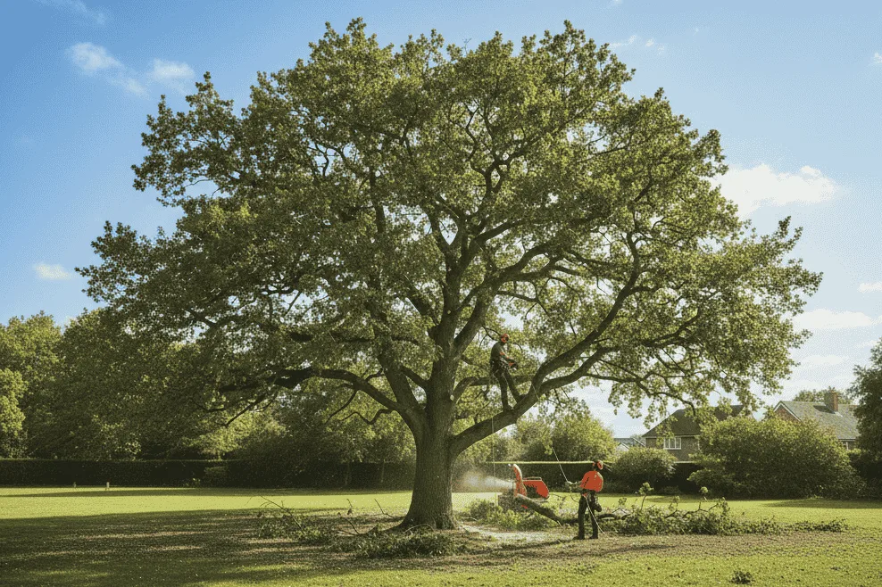 A panoramic shot of professional arborists performing tree crown lifting on a majestic, mature oak tree in a park-like setting. One arborist is visible high in the tree canopy making a cut, while a second arborist on the ground feeds large, cut branches into a wood chipper. The wide, spreading crown of the tree is prominent, and the ground around the base is scattered with debris from the tree pruning work, which is being performed to increase the clearance beneath the canopy.