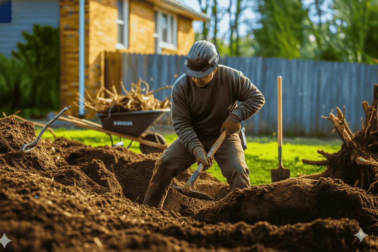 Generate a descriptive alt text for this image, using this primary keyword " tree root removal," in it. Note : Remember, alt text must not look spammy. A person wearing a helmet and work clothes is actively engaged in tree root removal, digging into a mound of earth with a spade. In the background, a wheelbarrow filled with roots and a large, exposed tree stump indicate ongoing landscaping or clearing work, with a house and fence visible further back.