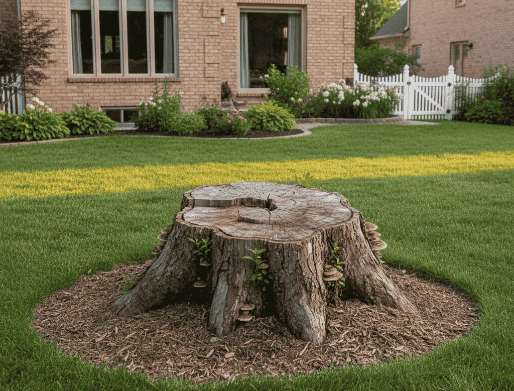 An outdoor image featuring a large, weathered tree stump in the middle of a well-maintained lawn, surrounded by mulch. The stump has small mushrooms growing from its sides. A brick house is visible in the background, along with a white picket fence, suggesting the need for tree stump removal to improve the yard's aesthetics and usability.