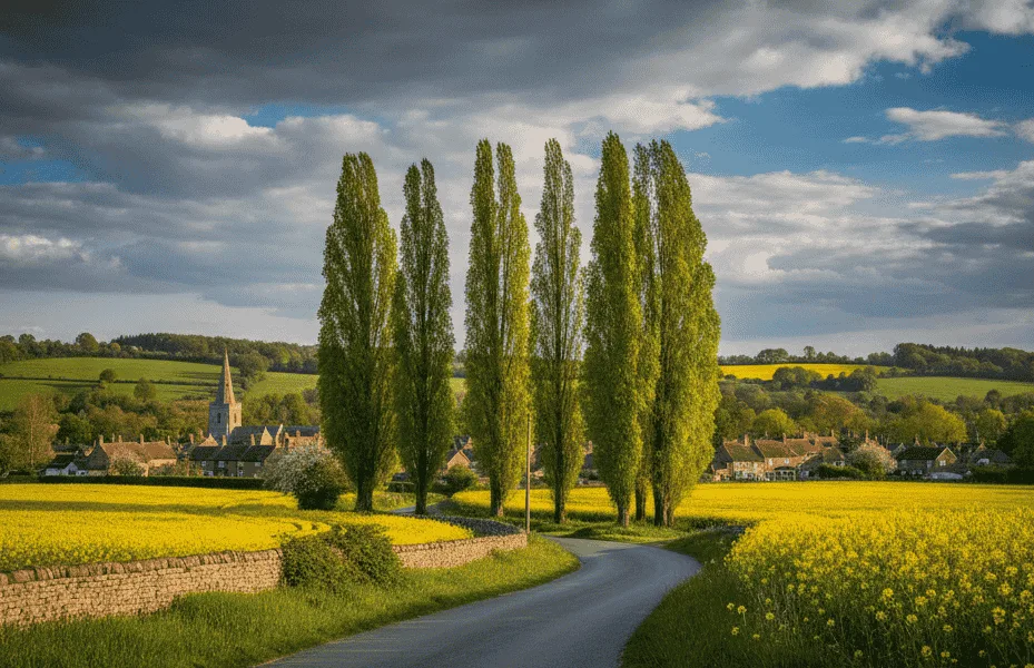 A scenic countryside road lined with tall poplar trees, surrounded by yellow flower fields and a distant village under a cloudy blue sky, beautifully illustrating the landscape and types of popular trees found in rural areas.