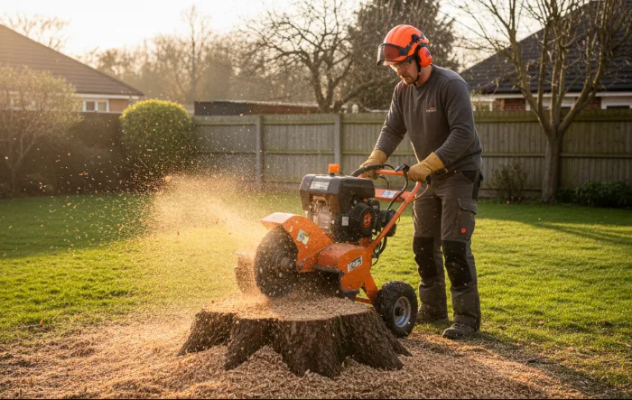 A professional tree surgeon using a stump grinder to remove a large tree stump in a garden, illustrating the cost of stump grinding and the level of specialist equipment involved.