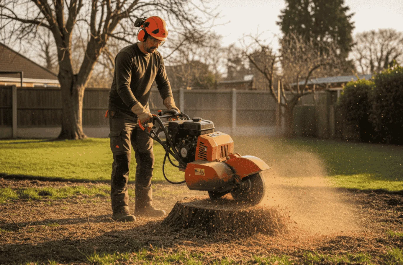 A professional arborist using a stump grinder to perform conifer tree stump removal in a residential garden during sunset.