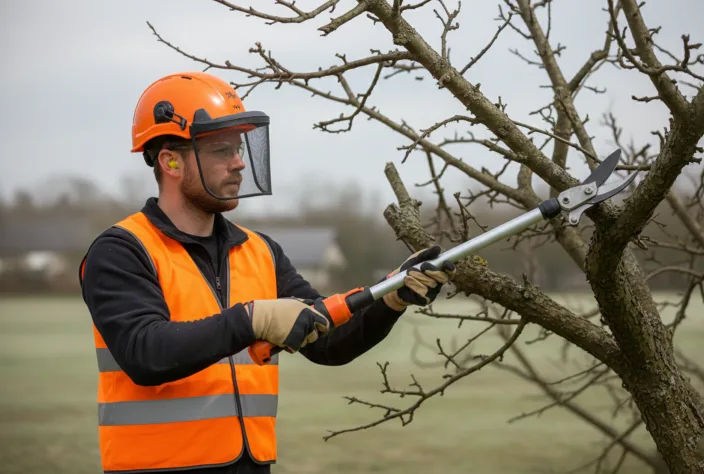 Worker performing apple tree pruning using protective gear and long-handled loppers in an open orchard.