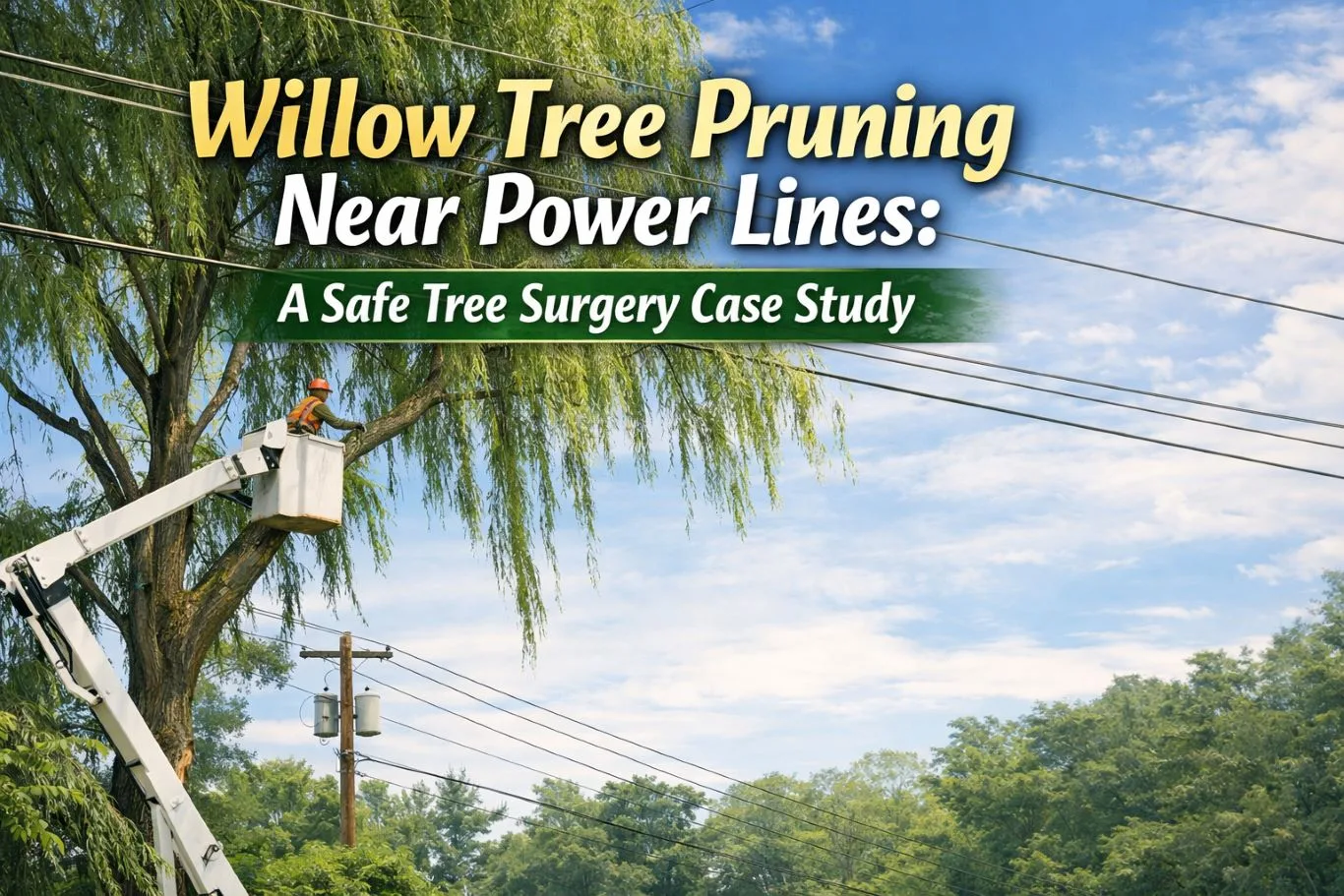 Willow tree pruning near power lines carried out using a cherry picker, highlighting safe tree surgery practices around overhead electricity cables.