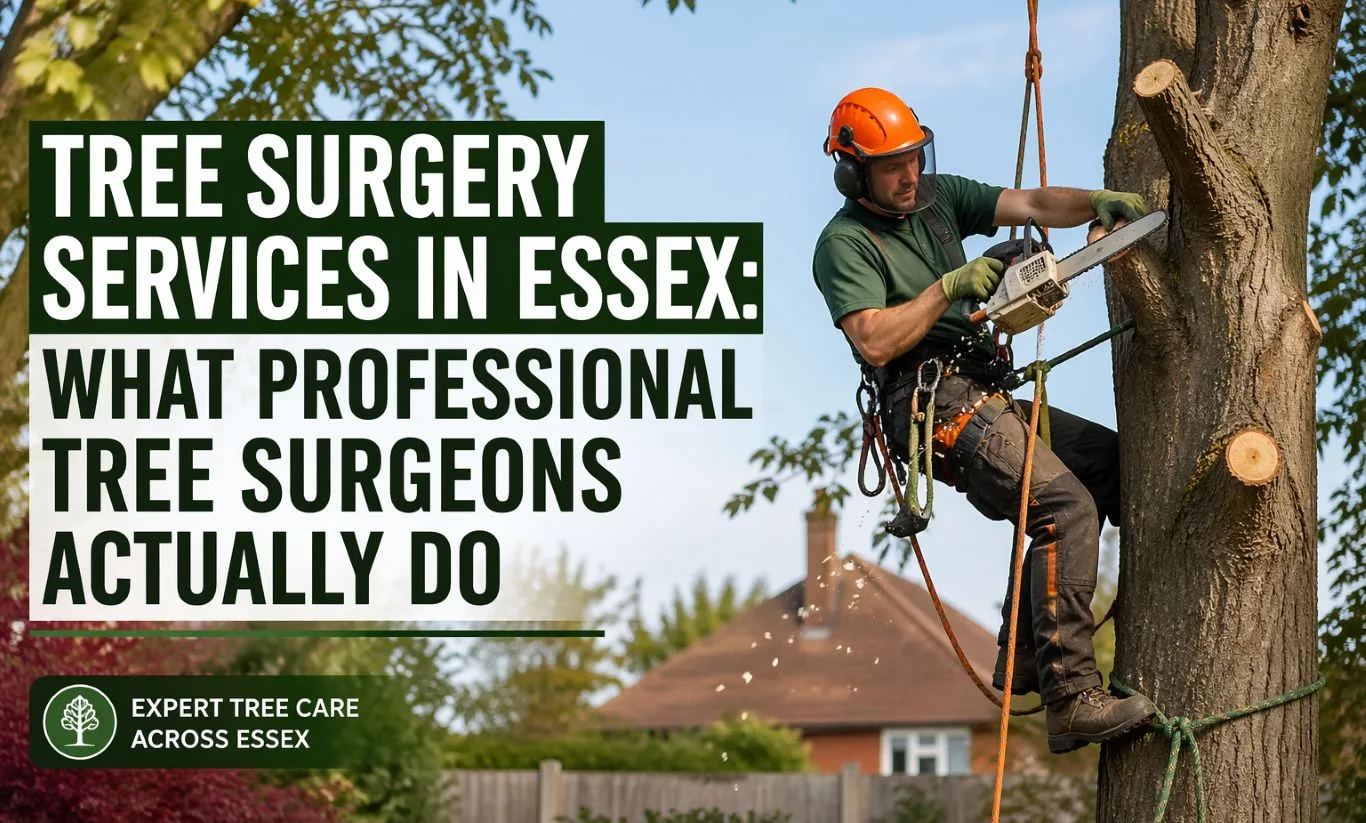 Tree surgery services showing a professional tree surgeon cutting branches with a chainsaw while secured on a rope, demonstrating safe tree care and maintenance in a residential garden