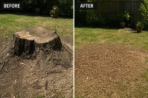 Before and after stump grinding showing a large tree stump removed and ground down to level mulch, leaving a clean, usable lawn area in a residential garden