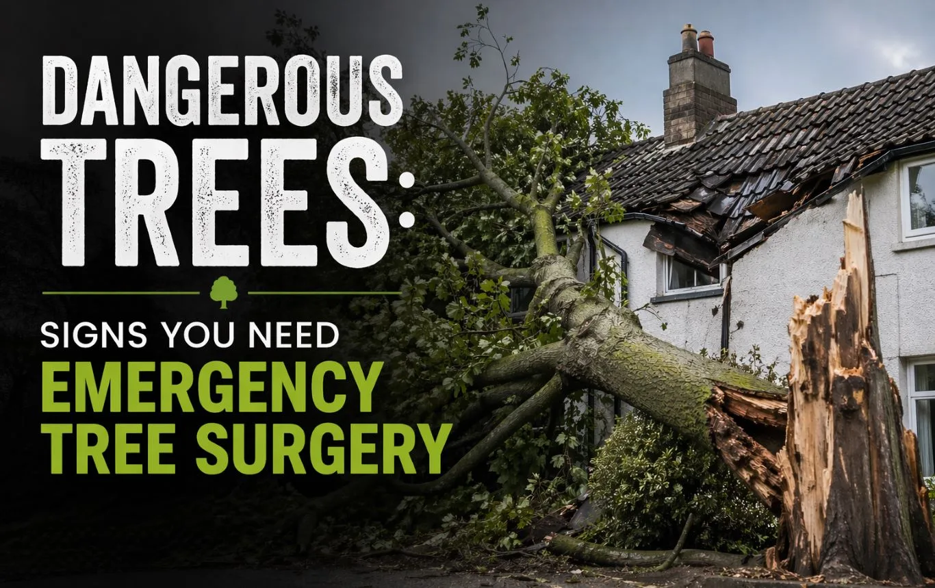 Emergency tree surgery showing a fallen tree damaging a residential roof after storm conditions, highlighting urgent tree removal and safety risk management