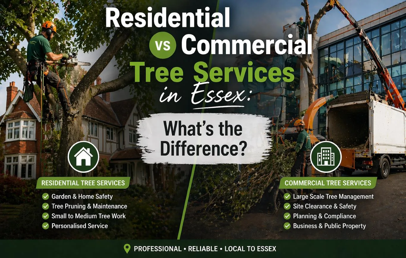 Tree services comparison showing residential tree pruning by a climbing arborist and commercial tree removal with heavy equipment, highlighting differences in scale, safety, and maintenance work