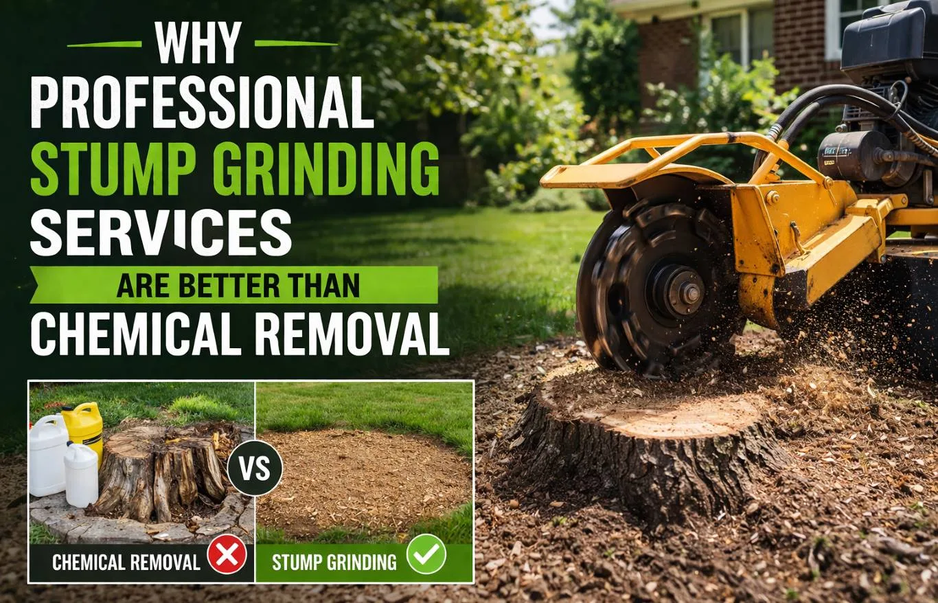 Stump grinding services showing a powerful grinder removing a tree stump in a garden, compared with chemical removal, highlighting efficient and clean stump removal results