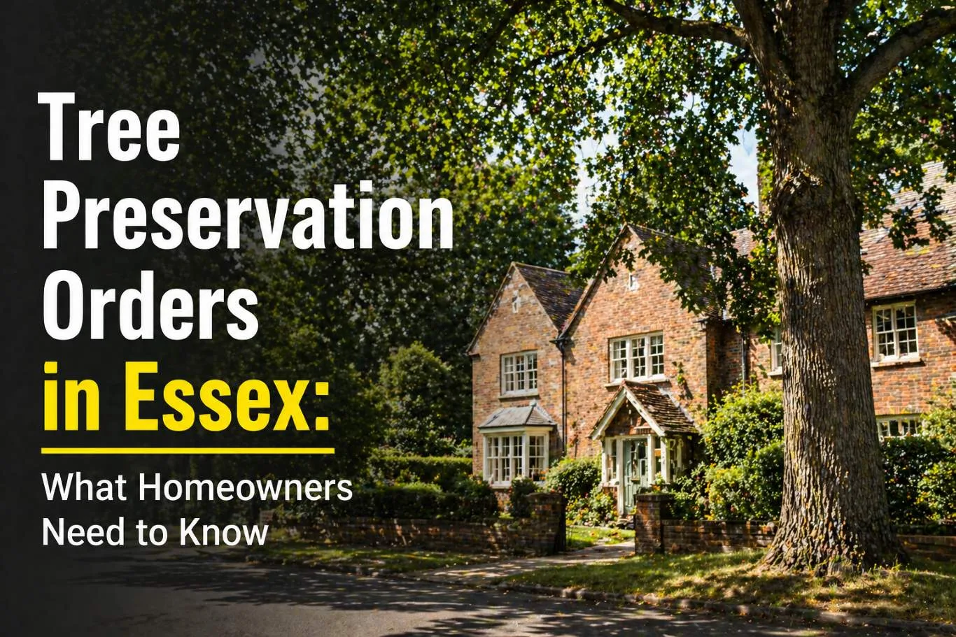 Tree preservation orders in Essex illustrated by a protected mature tree beside a residential home, highlighting legal protection and responsible tree management for homeowners