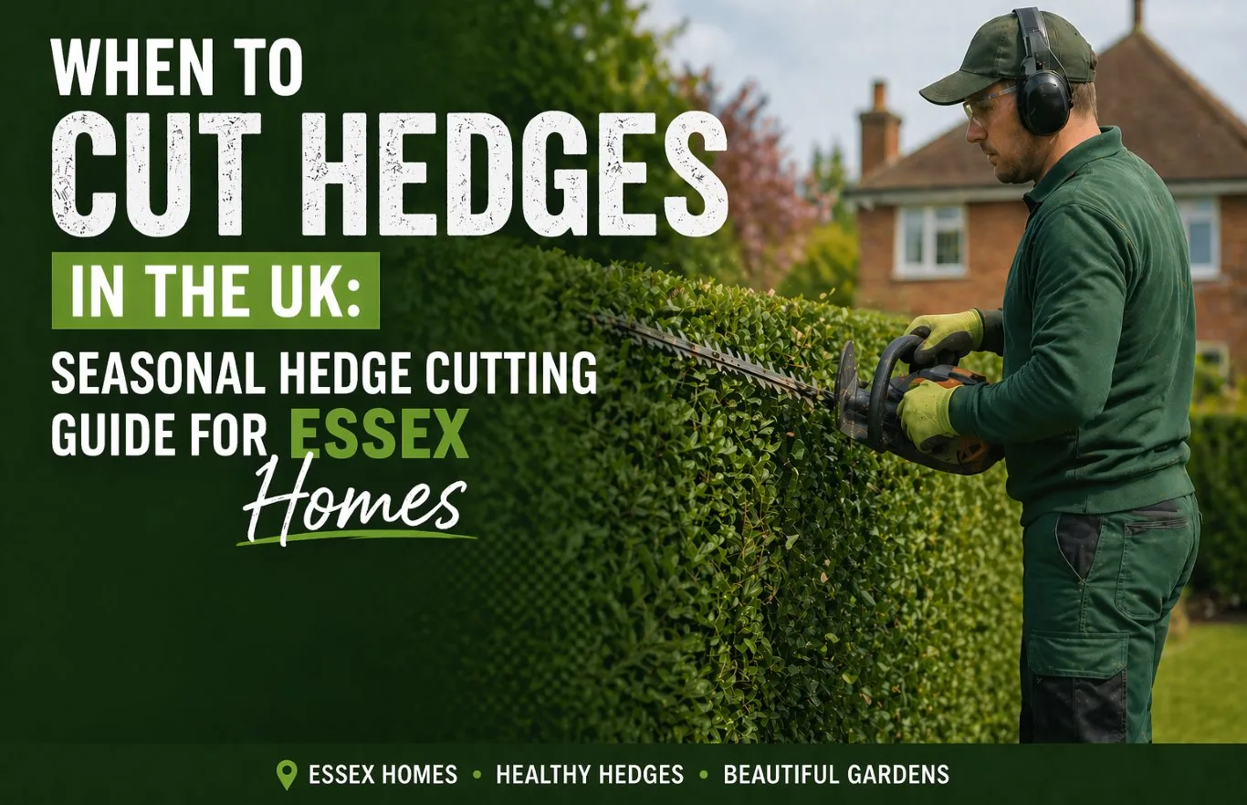 When to cut hedges illustrated by a gardener trimming a dense green hedge with a hedge trimmer in a residential UK garden, highlighting seasonal hedge maintenance timing