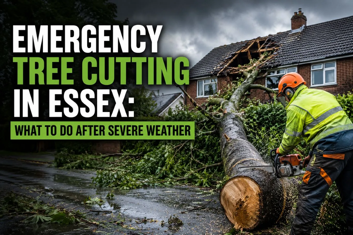 Emergency tree cutting service removing a large fallen tree from a residential property after severe weather damage in Essex, with a professional tree surgeon using a chainsaw during storm cleanup