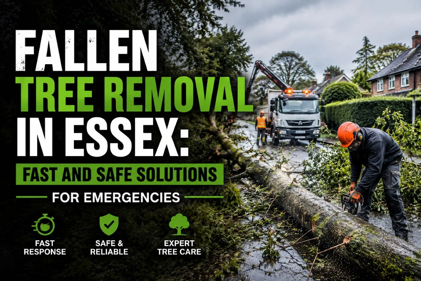 Fallen tree removal service clearing a large storm-damaged tree from a residential road in Essex, with professional tree surgeons using chainsaws and emergency equipment for safe debris removal