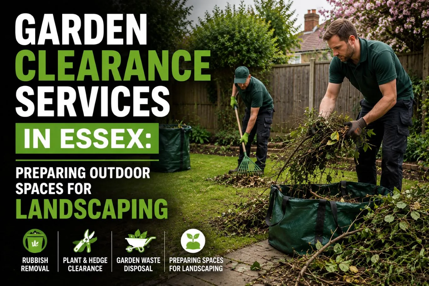 Garden clearance services in Essex with professional landscapers removing garden waste, branches, and overgrown vegetation to prepare an outdoor space for landscaping and lawn improvement