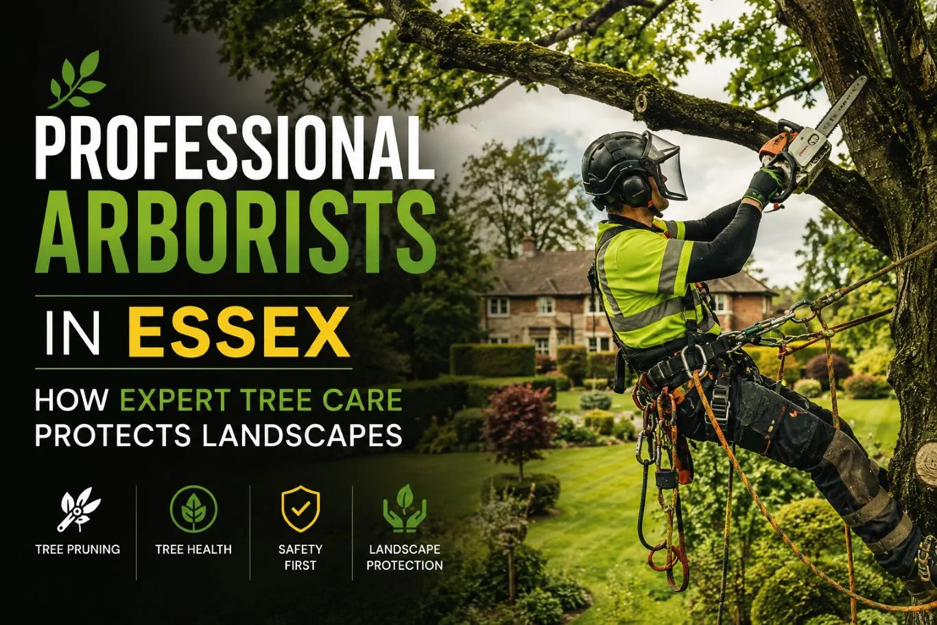 Professional arborists in Essex performing expert tree pruning with chainsaw equipment while safely suspended in a residential garden, demonstrating skilled tree care and landscape protection services