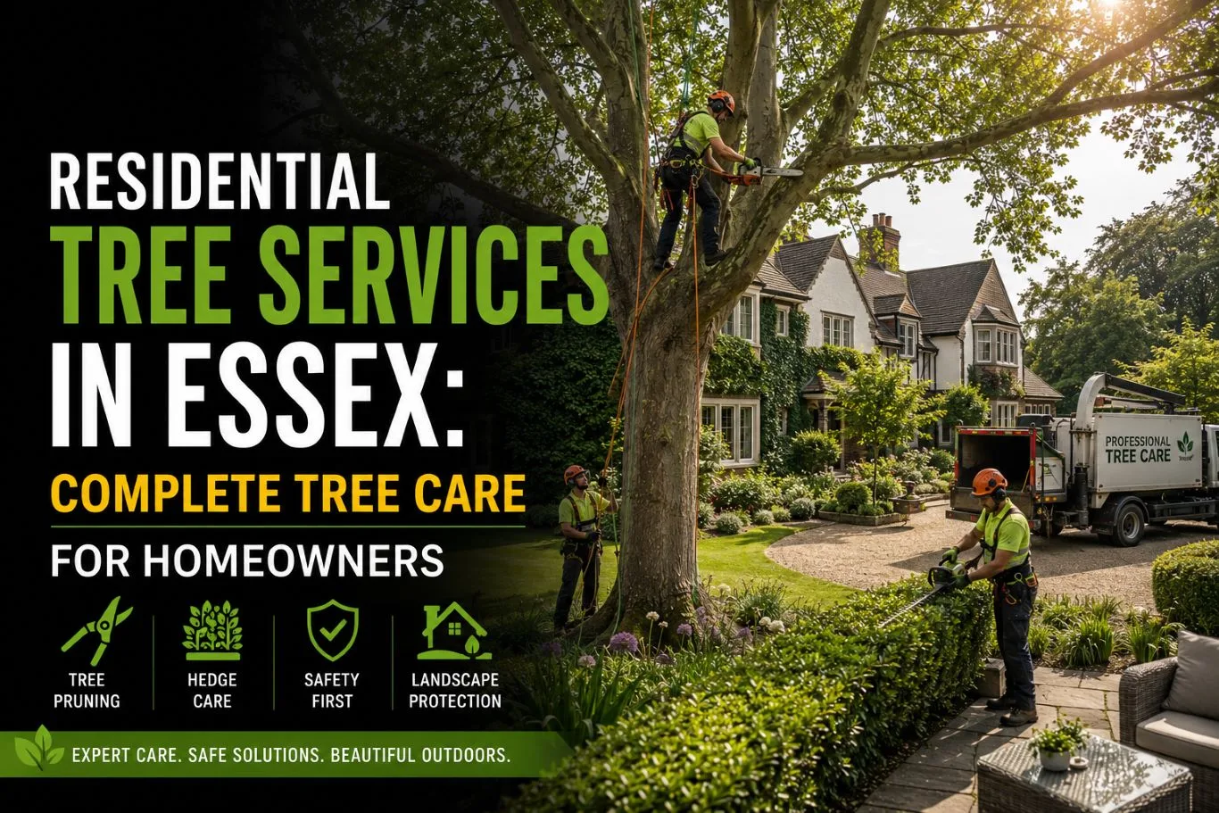 Residential tree services in Essex with professional arborists pruning trees, trimming hedges, and maintaining landscaped gardens outside a luxury residential property using specialist tree care equipment and safe working practices
