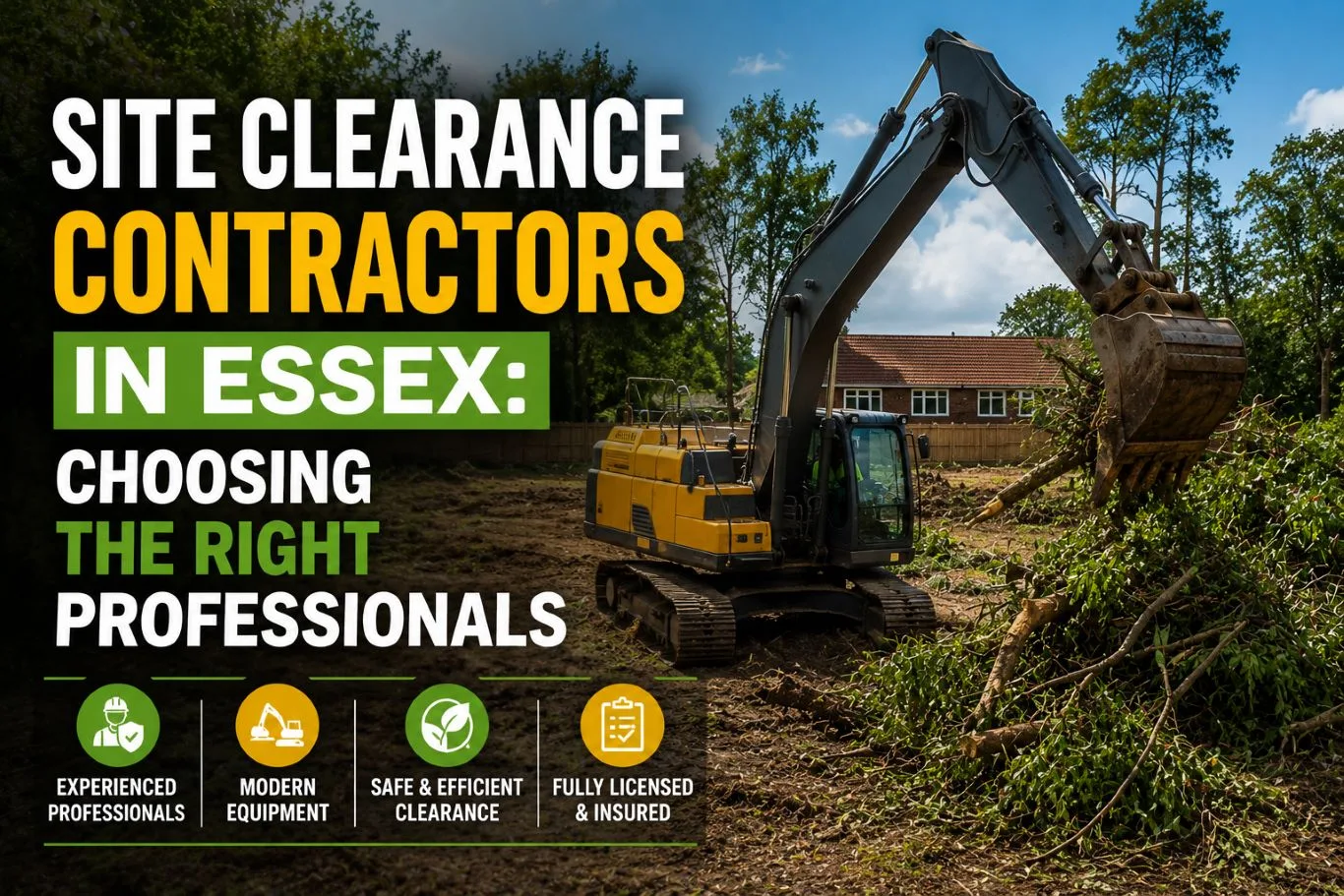 Site clearance contractors using heavy excavator machinery to clear trees and vegetation from a development site in Essex, demonstrating professional land preparation and safe site clearance services