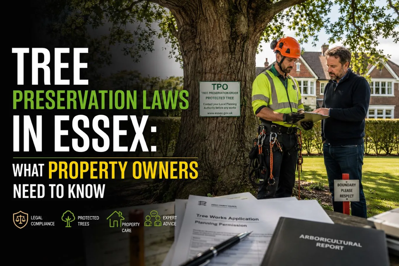 Tree preservation laws in Essex explained by a professional arborist advising a property owner beside a protected tree with a tree preservation order sign, highlighting legal compliance and expert tree care guidance for residential properties