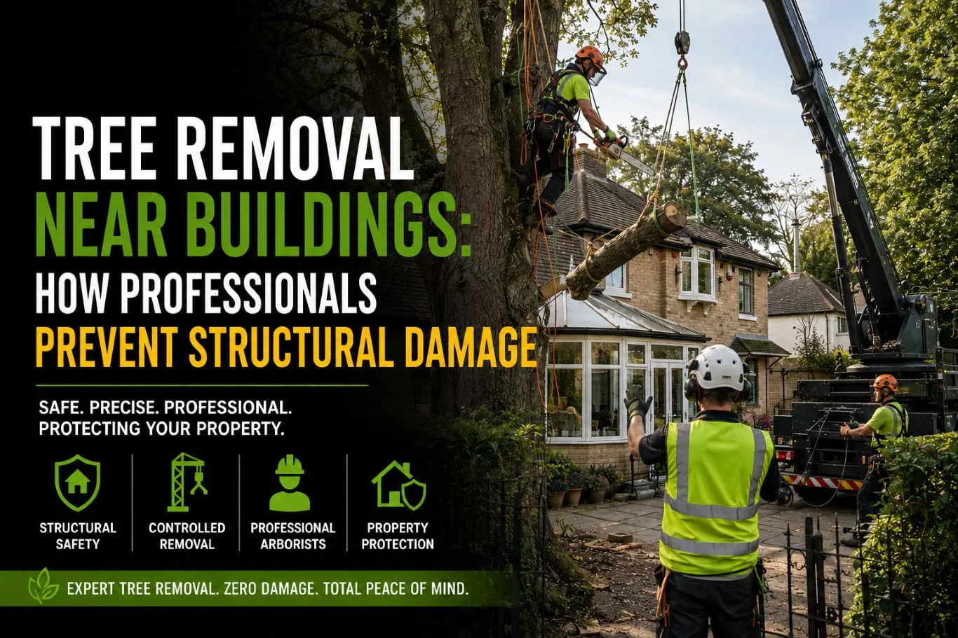Tree removal near buildings performed by professional arborists using ropes, chainsaws, and crane equipment to safely remove large tree sections beside a residential property while preventing structural damage and protecting surrounding landscaping