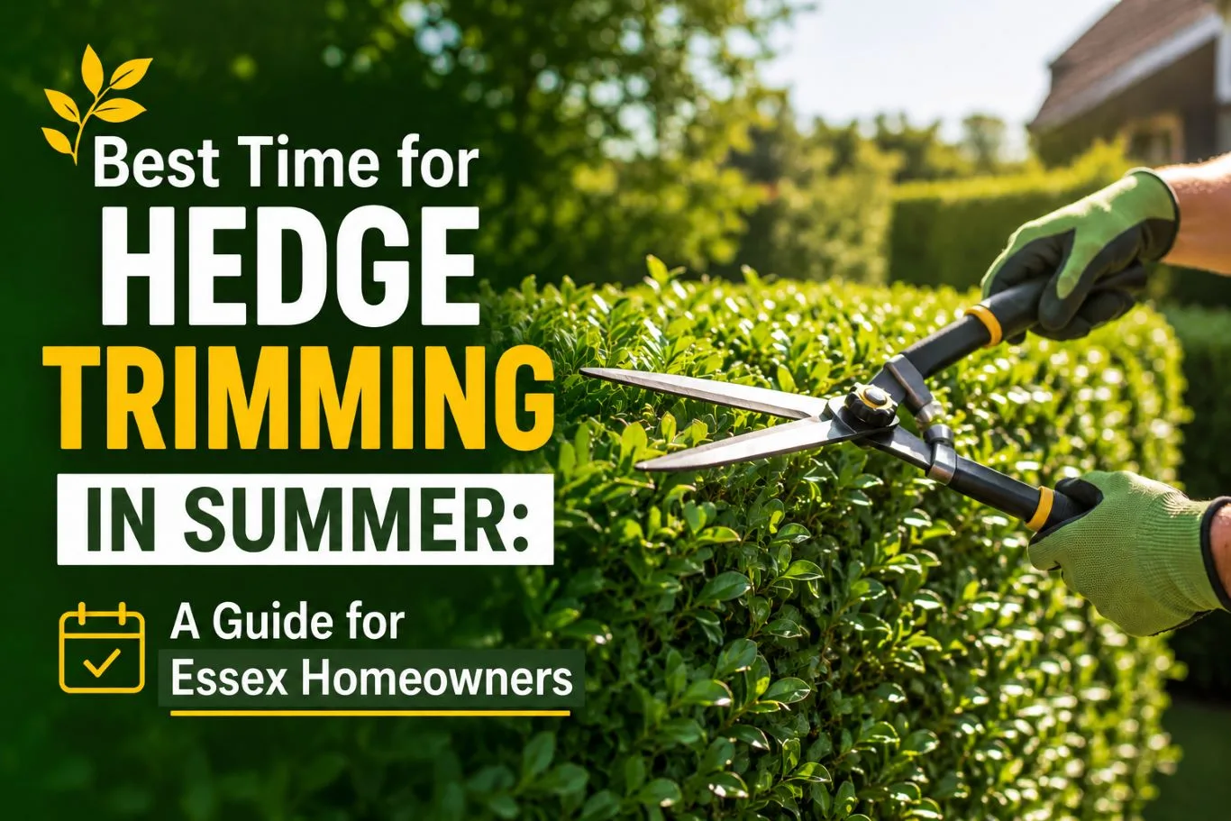 Professional gardener performing hedge trimming in summer with manual hedge shears, shaping a dense green hedge to maintain healthy growth, neat appearance, and garden structure.