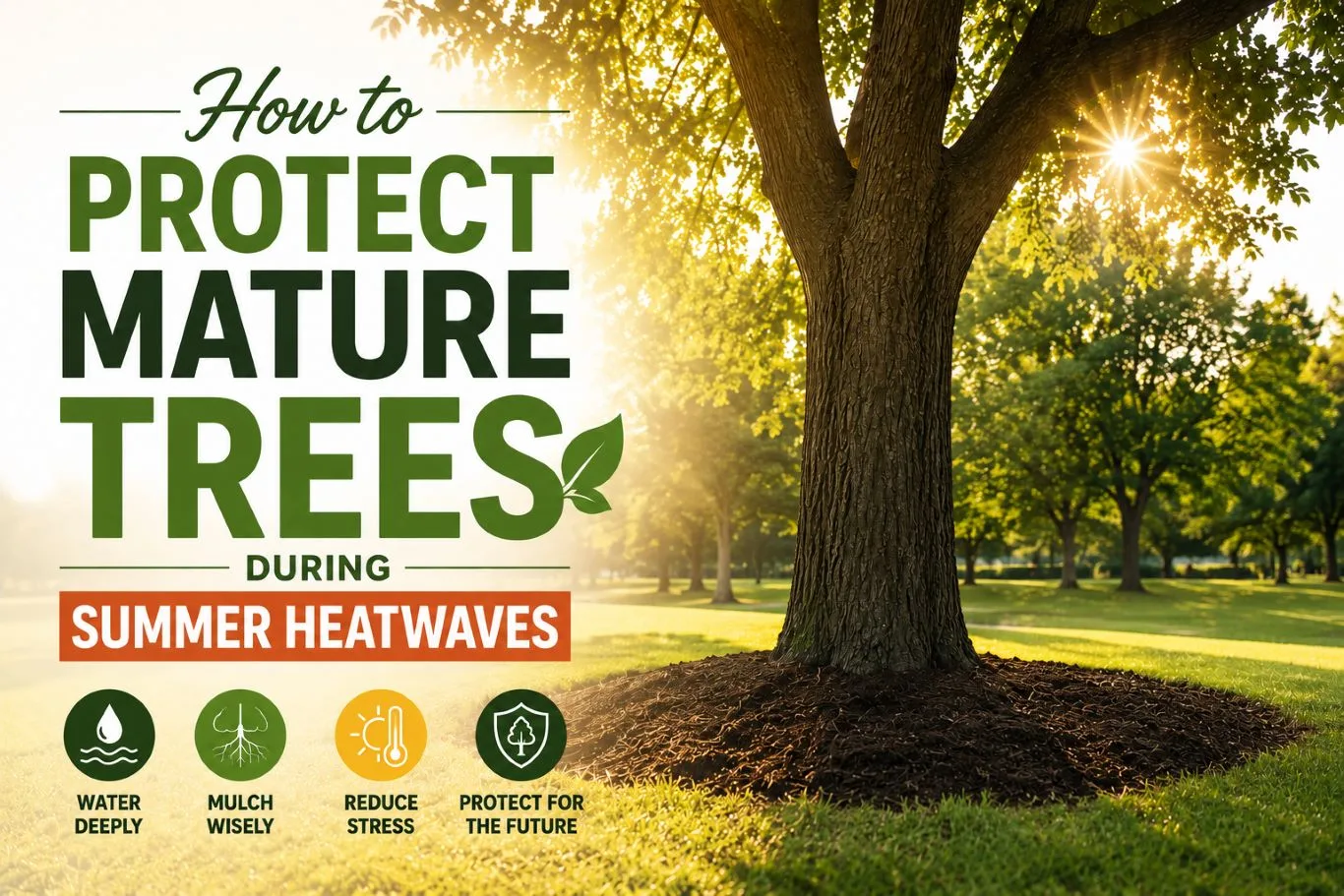 Healthy mature tree in a landscaped garden with mulch around the base during hot weather, demonstrating how to protect mature trees during summer through deep watering, proper mulching, and heat stress prevention.
