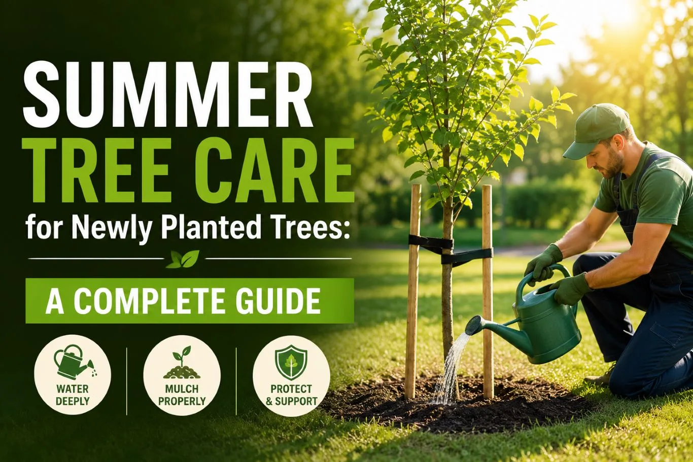 Professional gardener watering a newly planted tree as part of summer tree care, promoting strong root establishment, healthy growth, proper hydration, and long-term tree health in a landscaped garden.