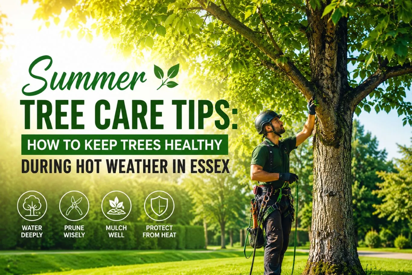 Professional arborist inspecting a mature tree in a sunny landscape, demonstrating summer tree care tips to help keep trees healthy during hot weather through proper watering, pruning, mulching, and heat protection.