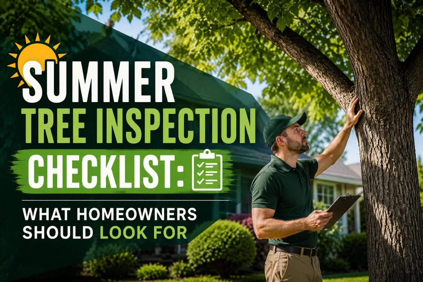 Professional arborist examining a mature tree in a residential garden as part of a summer tree inspection checklist, checking for signs of damage, disease, structural issues, and overall tree health during warm weather.