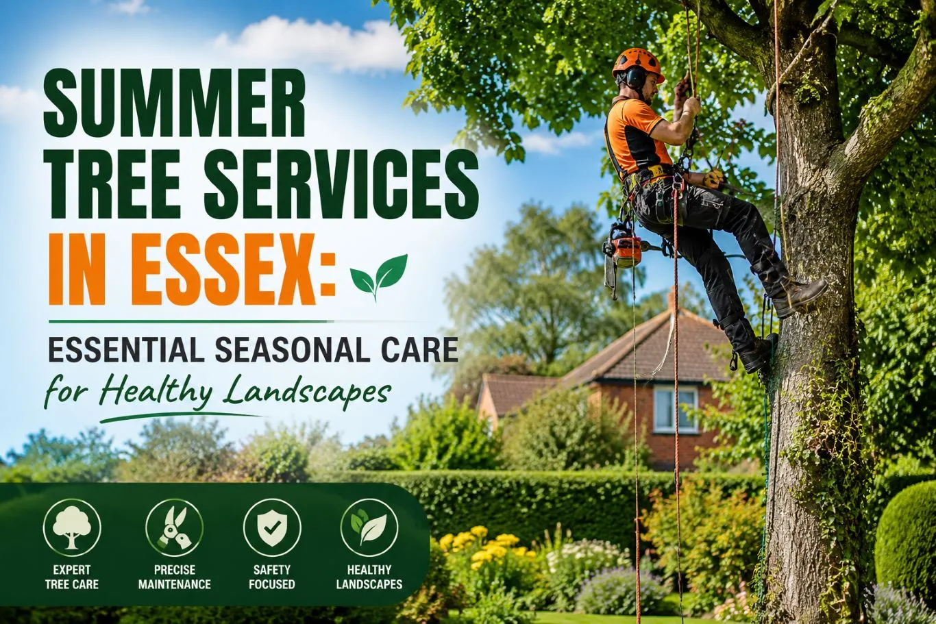 Certified arborist performing professional summer tree services by climbing and inspecting a mature tree, providing seasonal pruning, maintenance, and expert tree care to promote healthy landscapes and long-term tree health.