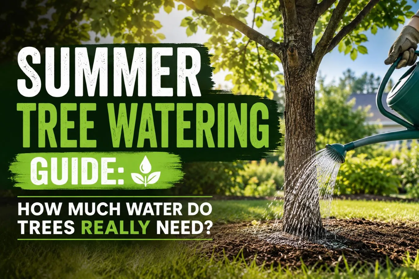 Homeowner watering the base of a mature tree during hot weather, illustrating a summer tree watering guide with proper deep watering techniques to support healthy roots, hydration, and long-term tree health.