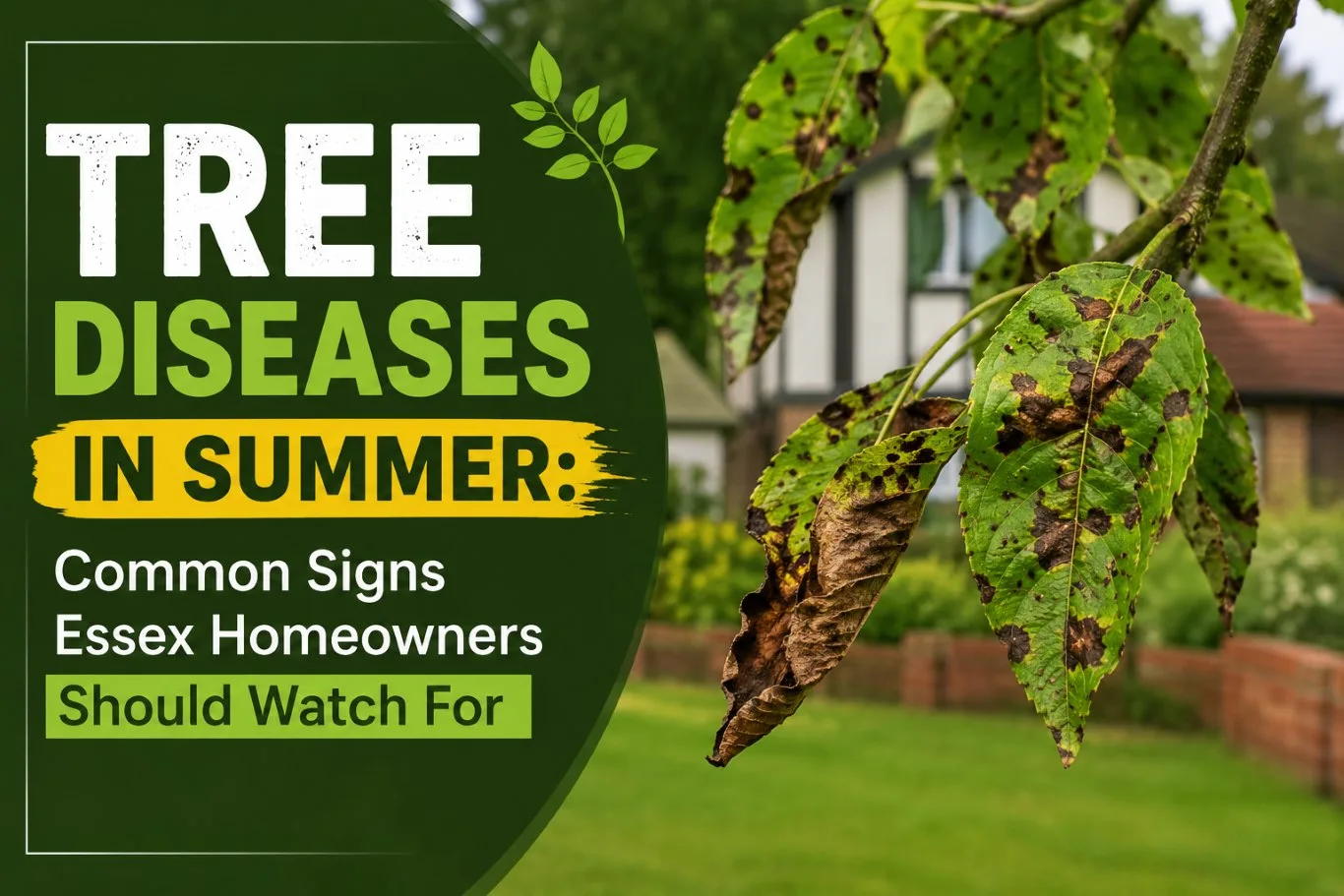 Tree leaves showing visible spotting, browning, and disease symptoms during hot weather, highlighting common signs of tree diseases in summer that homeowners should monitor to protect tree health and vitality.