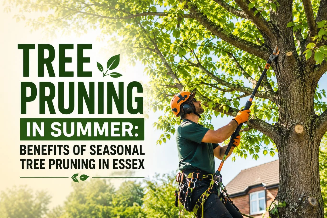 Certified arborist performing tree pruning in summer on a mature residential tree, removing selected branches to improve tree health, structure, safety, and seasonal growth.