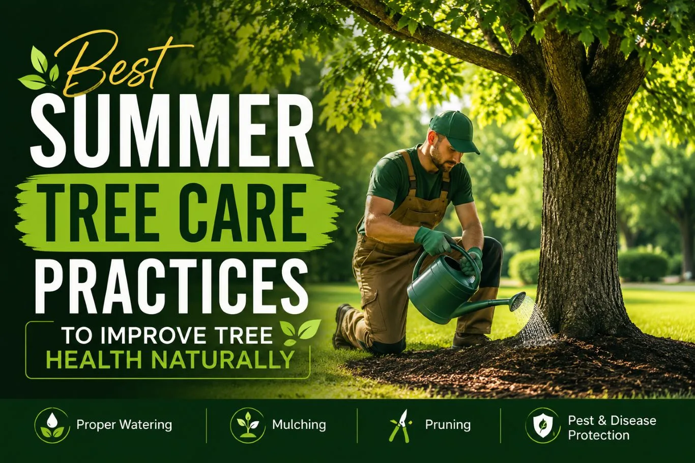 Professional arborist watering a mature tree in a landscaped garden, demonstrating the **best summer tree care practices** including proper watering, mulching, pruning, and pest prevention to promote healthy tree growth naturally during hot weather.