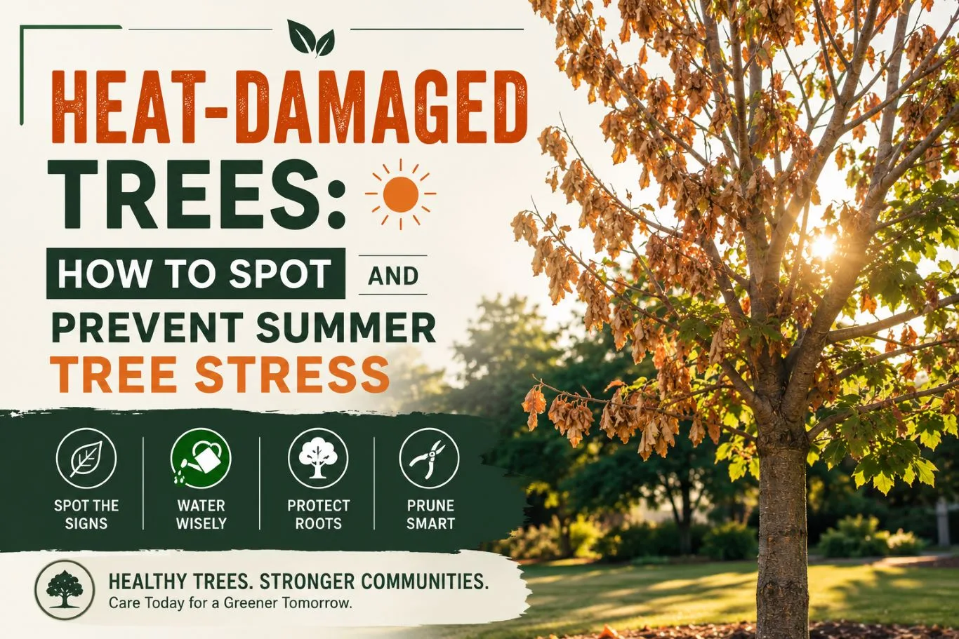 Heat-damaged trees showing signs of summer stress, including scorched leaves, dry soil, and declining foliage, with guidance on identifying heat damage and protecting trees through proper watering, mulching, and seasonal care.