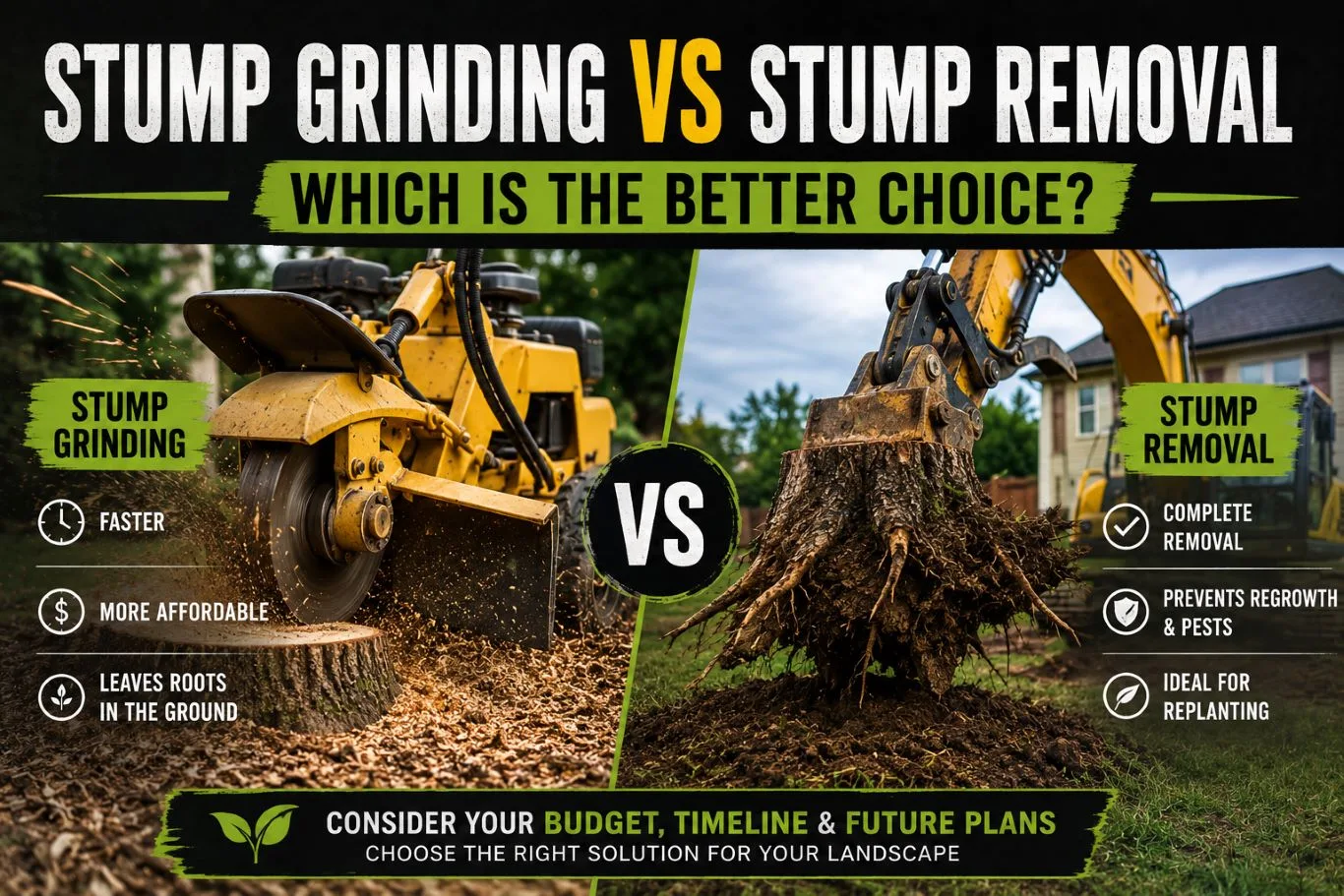 Stump grinding vs stump removal comparison showing a stump grinder reducing a tree stump on one side and an excavator removing the entire stump and roots on the other, highlighting the differences in cost, speed, complete removal, and suitability for future landscaping.