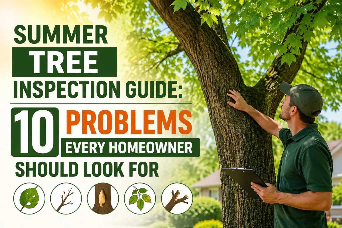 Professional arborist inspecting a mature tree in a residential garden, illustrating a summer tree inspection guide with common signs of tree damage, disease, dead branches, bark defects, and seasonal health issues homeowners should identify during summer.