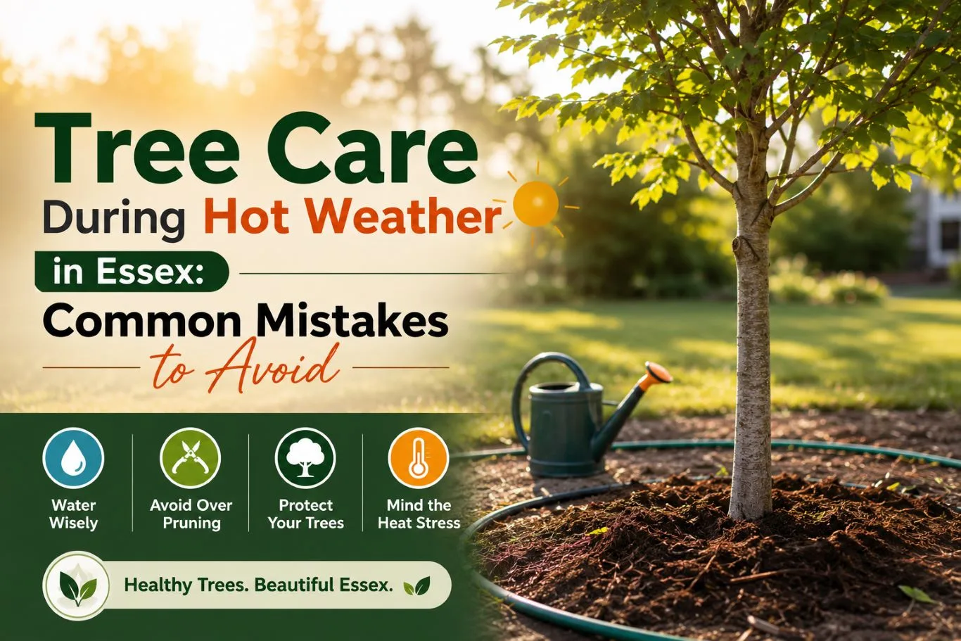Young tree being watered in a landscaped garden, illustrating tree care during hot weather in Essex with proper watering, mulching, heat stress prevention, and seasonal maintenance to keep trees healthy throughout summer.