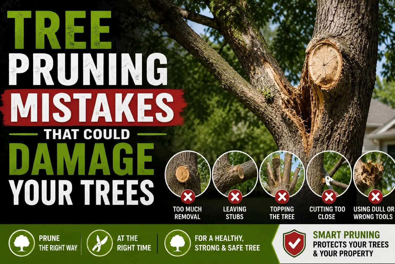 Close-up illustration highlighting common tree pruning mistakes, including over-pruning, leaving branch stubs, topping trees, making improper cuts, and using dull tools, showing damaged bark and poor pruning practices that can weaken tree health, increase disease risk, and create long-term structural problems.
