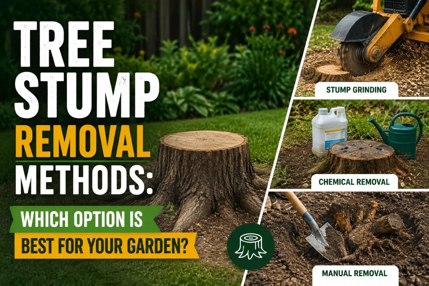 Tree stump removal methods comparison showing a tree stump with stump grinding, chemical removal, and manual removal techniques, helping homeowners choose the best method for safe, effective, and long-lasting garden stump removal.