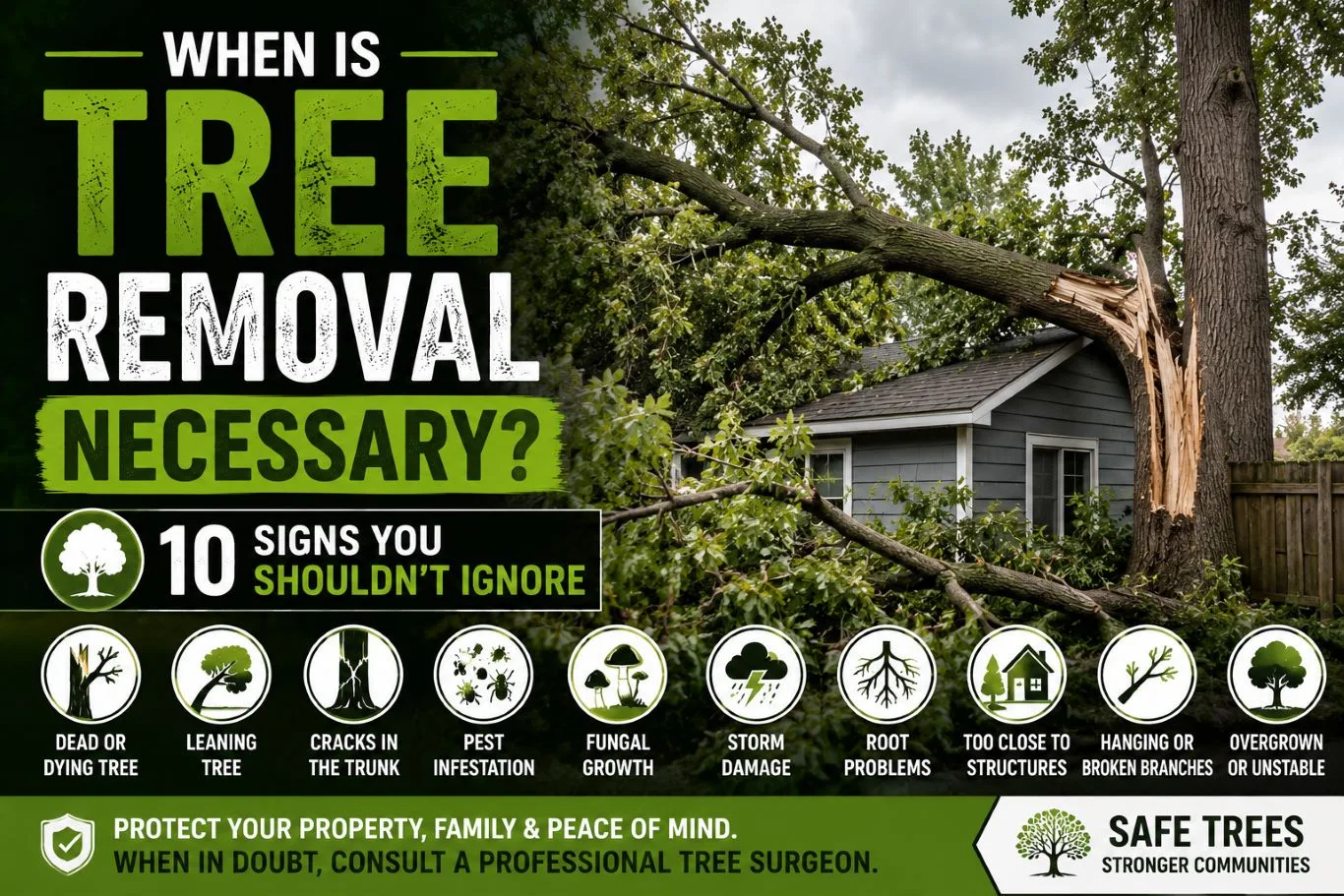 Illustration showing when tree removal is necessary, featuring a storm-damaged tree with a split trunk and fallen branches threatening a nearby home, highlighting key warning signs such as dead or dying trees, structural damage, root problems, pest infestation, and hazardous limbs that require professional assessment.