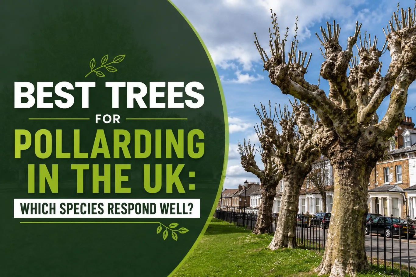 Best trees for pollarding in the UK, featuring mature pollarded trees along a residential street and highlighting suitable tree species that respond well to regular pollarding.