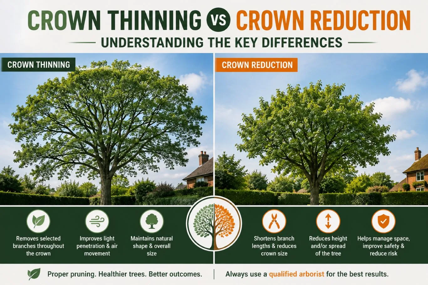 Crown thinning vs crown reduction comparison showing two mature trees, illustrating how crown thinning removes selected branches to improve light and air movement while crown reduction shortens branches to reduce overall tree height and spread.