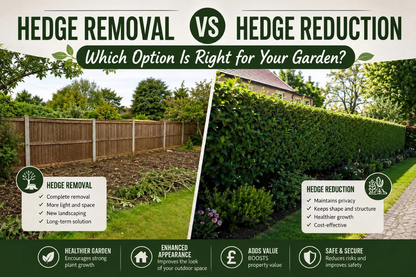 Hedge removal vs hedge reduction comparison showing a completely removed hedge area for more space and new landscaping alongside a neatly reduced hedge that maintains privacy, structure and healthy growth.