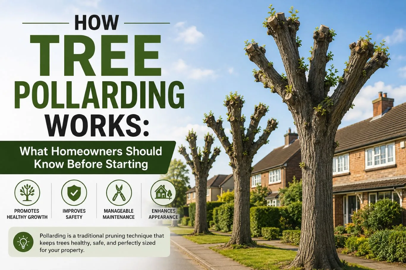 Tree pollarding in a residential neighbourhood, showing regularly pruned trees with shortened branches and fresh regrowth, highlighting how this traditional pruning technique supports healthy growth, safety, manageable maintenance, and an attractive appearance.