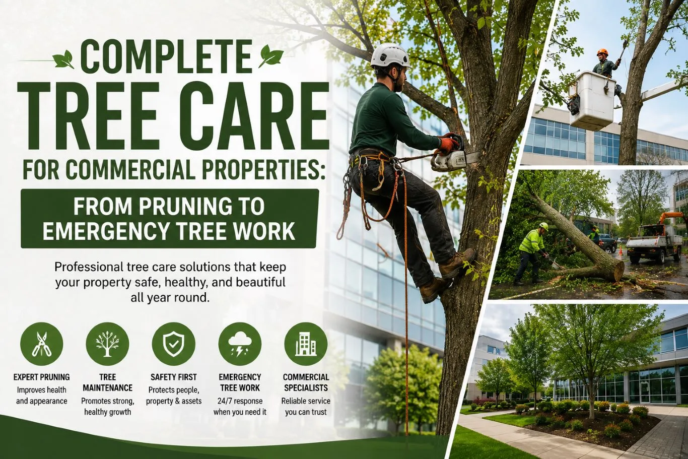 Tree care for commercial properties featuring professional arborists pruning and maintaining trees around a commercial building, with emergency tree work and landscaped grounds shown.