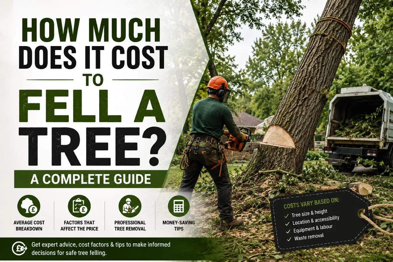 How much does it cost to fell a tree in the UK, featuring a professional tree surgeon safely cutting down a large tree with equipment and a truck, alongside key tree-felling cost factors such as tree size, height, location, accessibility, labour, equipment and waste removal.